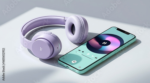 Lavender wireless headphones rest beside a mint-green smartphone displaying a music player interface.
