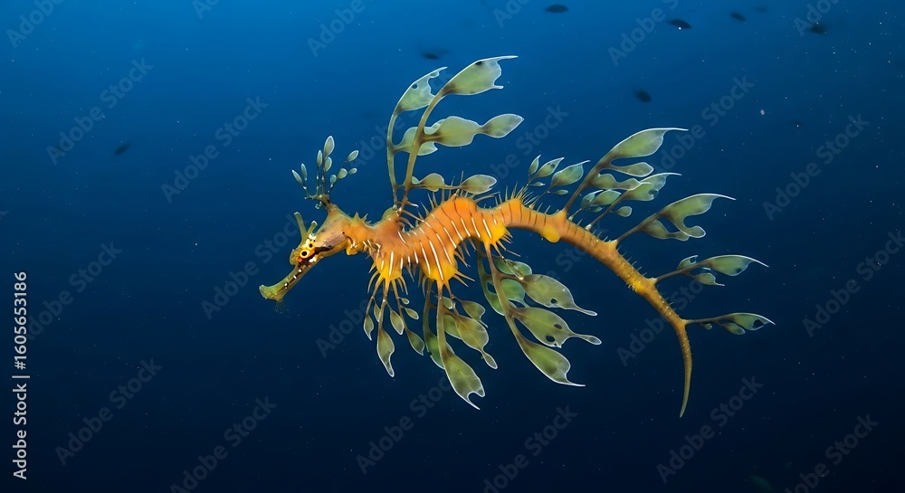 Fototapeta premium Strikingly detailed image of a seahorse-like creature in a deep blue ocean.
