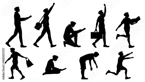 "A single image with 10 black minimalist human silhouettes in various poses: standing straight, sitting cross-legged, stretching, meditating, jumping, dancing, reading, carrying a bag, running, and wa