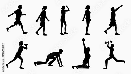 "A single image with 10 black vector-style human figures, each in a different pose: walking, sitting, standing, running, jumping, stretching, yoga pose, dancing, lifting weights, and thinking. All fig