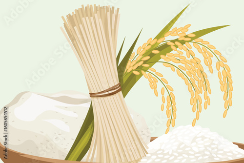 Bundle of uncooked udon noodles with rice and rice stalks