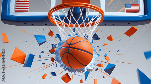 A basketball bursts through a net, surrounded by geometric shapes, representing a successful shot.