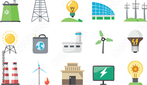 Collection of diverse energy sources and power generation icons including renewable and traditional methods isolated on transparent background