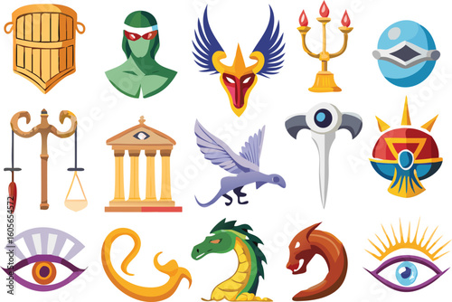 Collection of mythological and symbolic icons featuring creatures masks and ornate objects isolated on transparent background