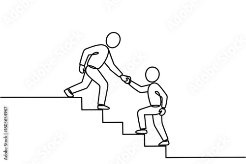 One person helps another climb stairs with a helping hand