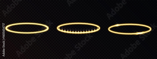 Halo, glowing angel rings, yellow light circles. Realistic vector oval golden forms isolated on dark background