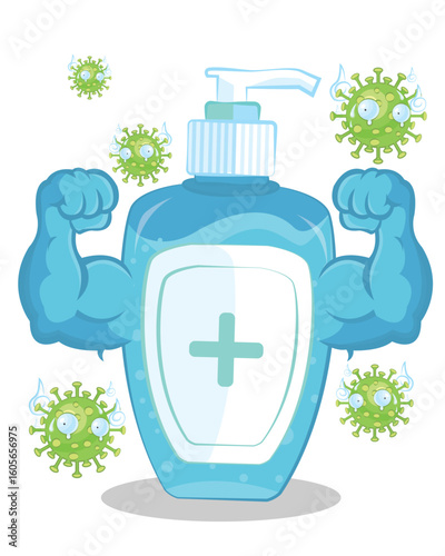 Hand press sanitizer alcohol gel bottle to cleaning disinfection and washing. strong hand sanitizer illustration