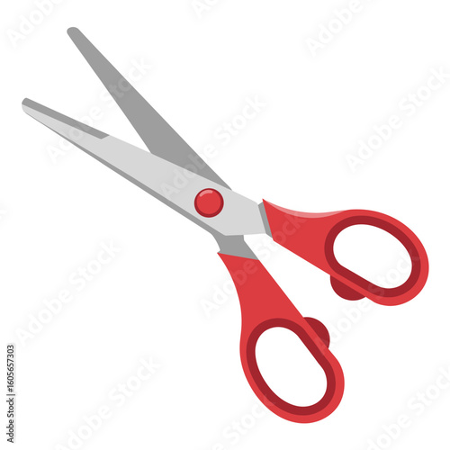 Pair of open red handled scissors on a white background