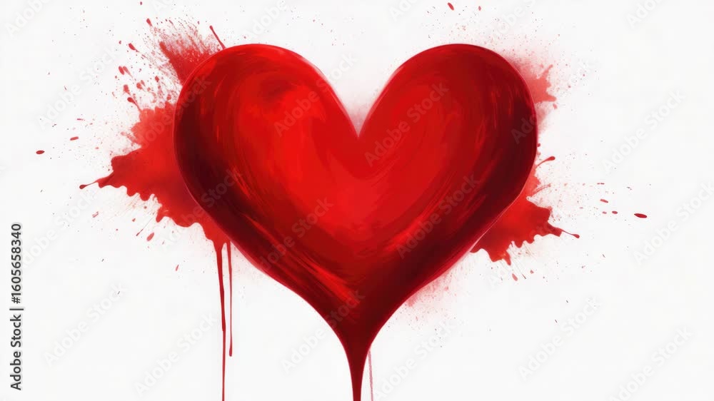 Abstract red heart with dripping blood splatter effect, against white background.