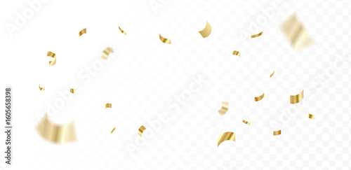 Confetti explosion . Shiny golden paper pieces flying and spreading. small and big ribbons. Modern confetti .Vector illustration