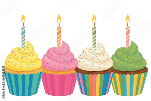 Four colorful cupcakes with birthday candles on white background