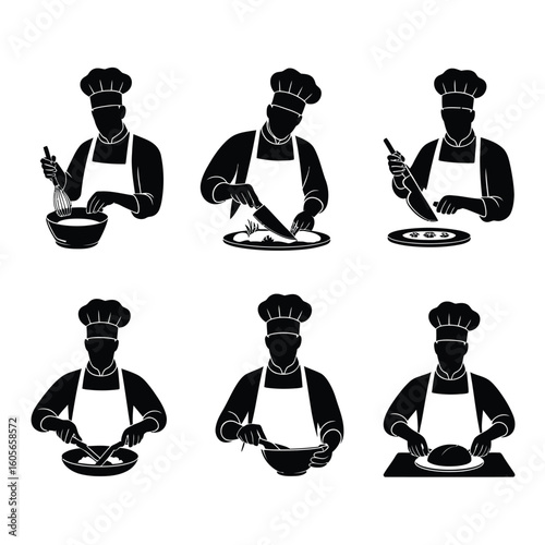 Set of six chef silhouettes engaged in various cooking activities