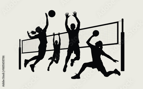 Dynamic silhouette of volleyball players in action during a match