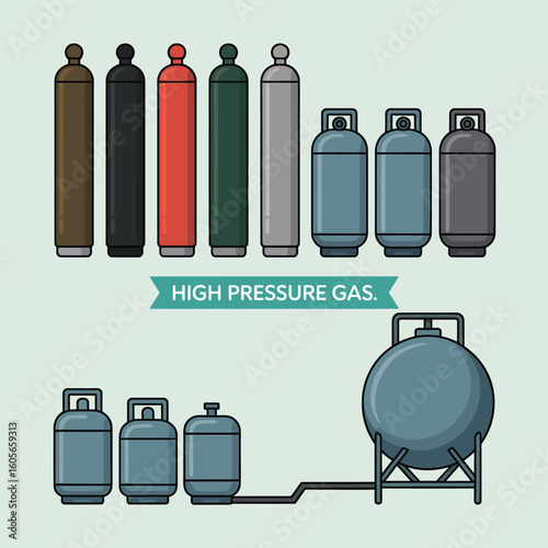 Collection of various industrial gas cylinders and tanks for different gases