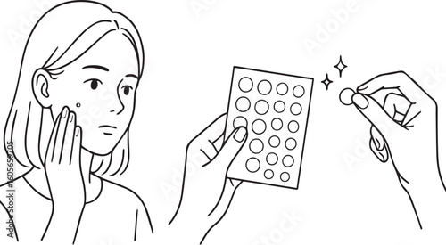 Illustration of a young woman applying an acne patch on her face for skin treatment and acne care in a minimalist style, acne skin problem icon