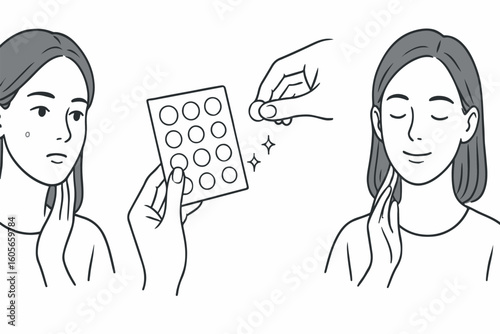 Simple line drawing of a woman using a skincare patch on acne, focused on skin treatment and healing, acne skin problem icon