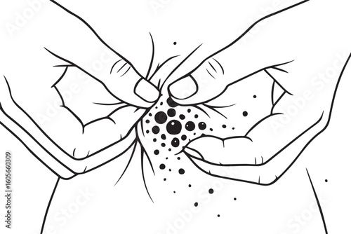 hands pressing blemish on skin, extracting blackhead with surrounding dots, acne care and skin treatment, acne skin problem icon