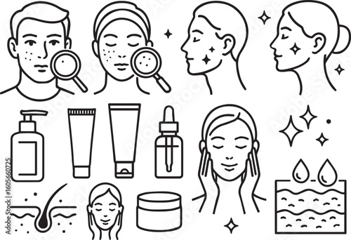 illustrating skin care steps, products like lotions, oils, and face treatments with acne, smooth skin, and beauty care, acne skin problem icon
