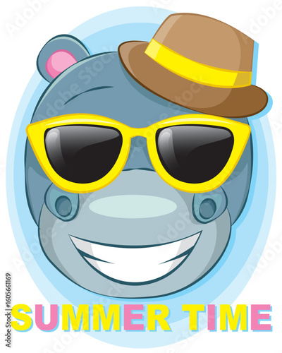 Cute hippopotamus with summer hat and glasses cartoon illustration for summer holidays