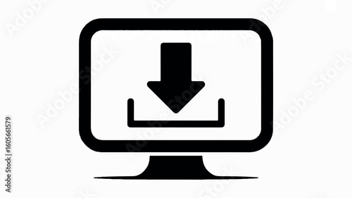 Minimalist black and white computer monitor icon with a downward arrow for technology and data