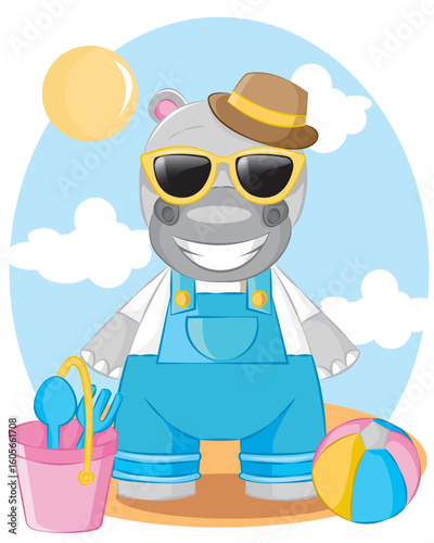 Cute Hippo go to Holiday Cartoon Vector Illustration