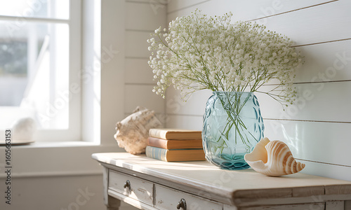 Coastal-themed decor on a light-colored wooden console table, featuring a vase of baby's breath and seashells.