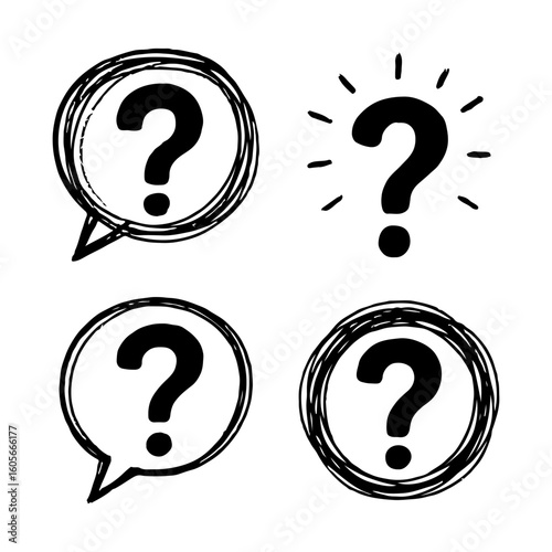 Hand Drawn Question Mark Icons Set with Speech Bubbles and Grunge Circles