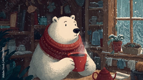 Cozy Polar Bear with Hot Cocoa: A Heartwarming Winter Scene