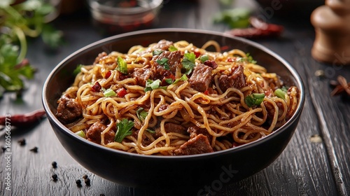 Beef and noodle dish in a dark bowl.