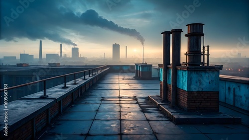 Urban Rooftop View of Industrial Skyline at Sunrise