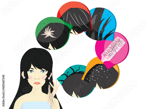 Vector poster demonstrating the difference hair problems. Close-up construction, building, structure and texture of hair to compare.