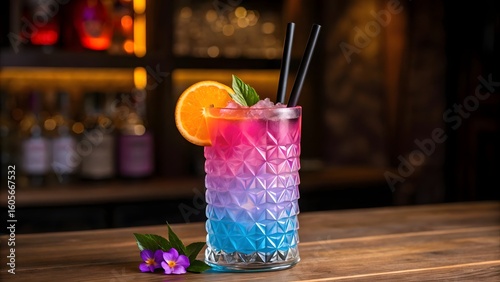 Vibrant Layered Cocktail with Orange Slice and Basil in Crystal Glass on Bar Counter