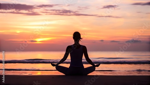 Woman Meditating on Beach at Sunrise with Peaceful Ocean Waves