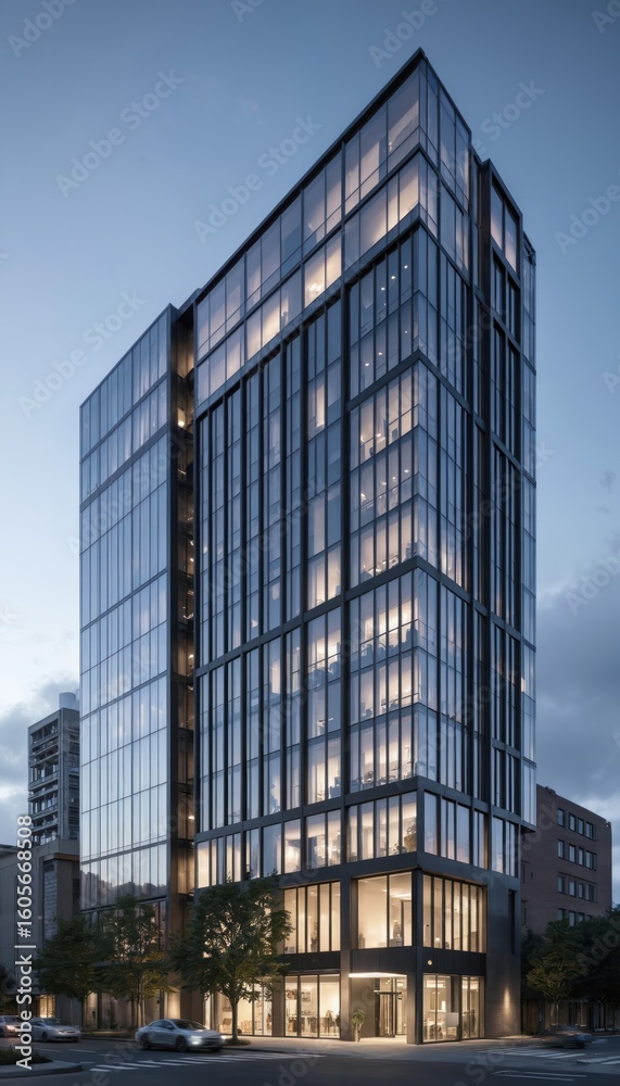 Fototapeta premium Modern office building features sleek glass facades, contemporary architecture. Multiple floors with illuminated interiors suggest active business operations. Structure represents urban development,