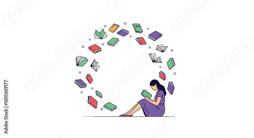 A young woman sits in a purple dress reading a book surrounded by a ring of flying books in vibrant colors