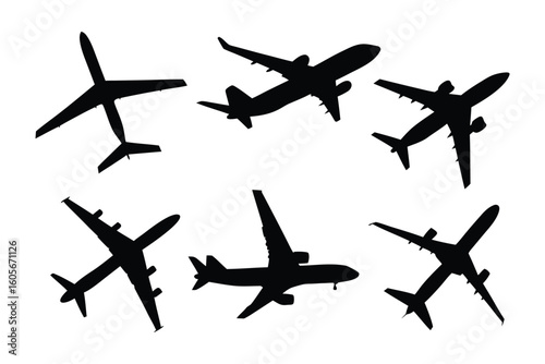 Airplanes in Silhouette: A collection of aircraft silhouettes showcasing a variety of airplane models, soaring gracefully in the boundless sky, emphasizing travel and aviation.