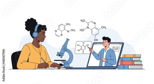 Online education student engaged in virtual learning experience studying chemistry concepts through interactive digital platform
