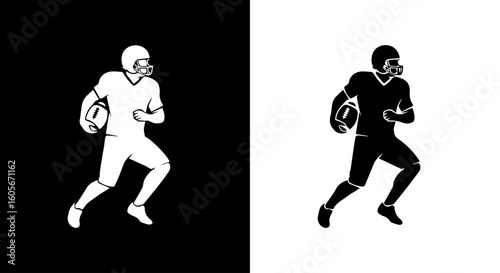 American football player running with the ball, shown in both black on white and white on black.