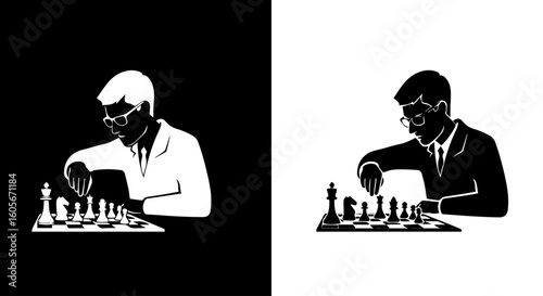 A man in glasses intently plays chess, shown in both light and dark versions.