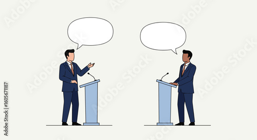 Two businessmen engage in a spirited debate on separate podiums with speech bubbles above their heads