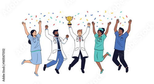 Healthcare heroes celebrate a victorious achievement together holding a championship trophy with confetti falling around them