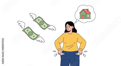 Woman dreaming of owning a home while experiencing financial difficulties empty pockets and flying money
