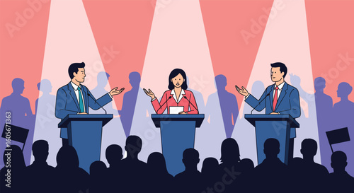 Political debate between candidates on stage with audience watching and spotlight illumination