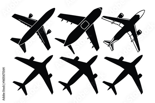 Silhouette Aerodynamic Designs: Silhouettes of multiple aircrafts captured in stark monochrome detail against a background, perfect for evoking the essence of flight, exploration, and aviation.