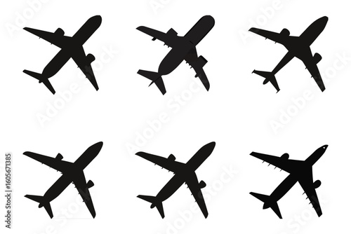 Air Travel Silhouettes: A striking composition of six airplane silhouettes in dynamic poses, ideal for travel, aviation, and design projects. Each silhouette, rendered in sleek black.