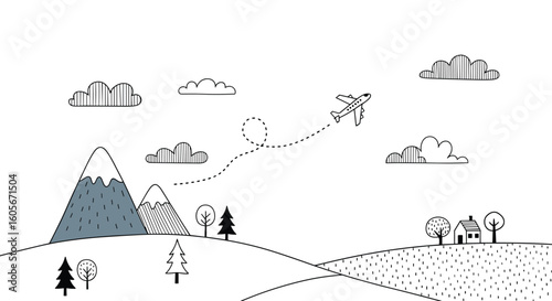 Journeying through scenic landscapes with an airplane flying above the clouds and mountains