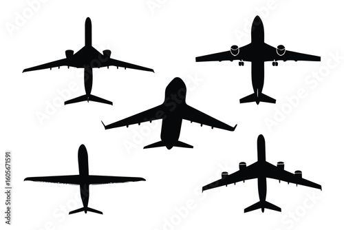 Aviation silhouettes: A striking image featuring multiple stylized silhouettes of passenger airplanes, offering a compelling visual narrative of air travel, aviation and transportation.