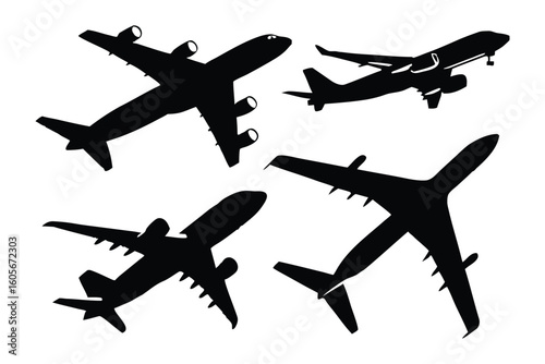 Airborne Ensemble: A striking monochrome ensemble of aircraft silhouettes, each a testament to the marvel of aviation, soaring against the backdrop of open space.
