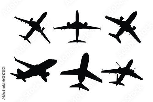 Aircraft Silhouette Array: A diverse collection of aircraft silhouettes, providing a variety of perspectives for design and informational purposes, all presented on an uncluttered background.
