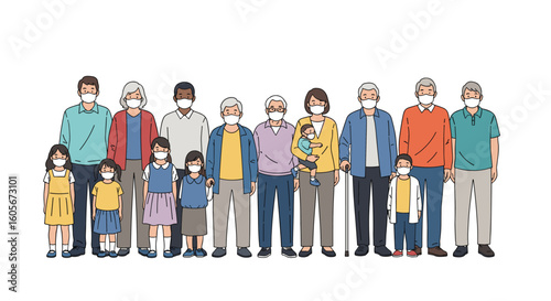 A diverse group of people of all ages wearing face masks together